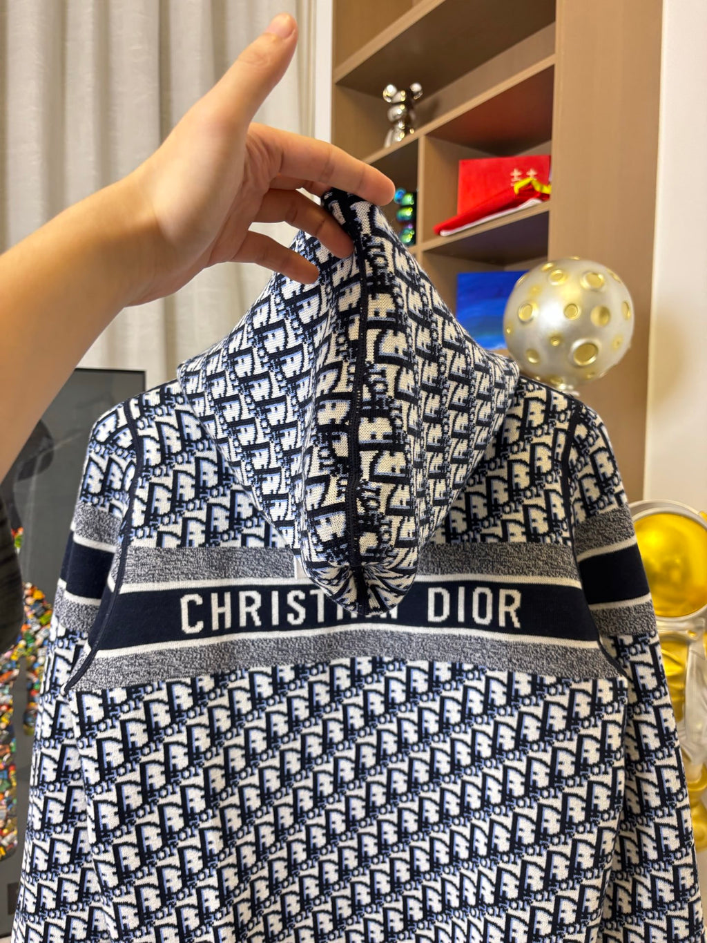 Dior hooded zip jacket close-up with navy-and-white pattern and chest logo stripe