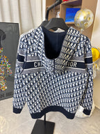 Dior hooded zip jacket front view with navy collar, patterned body and chest logo stripe