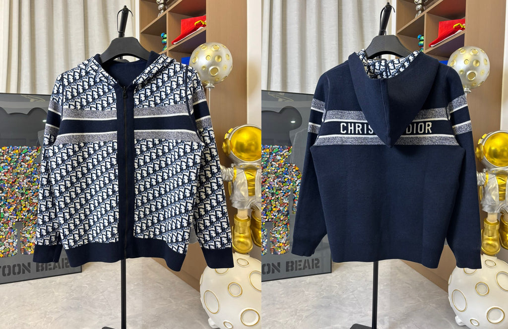 Dior hooded zip jackets shown together: navy solid and navy-and-white patterned styles