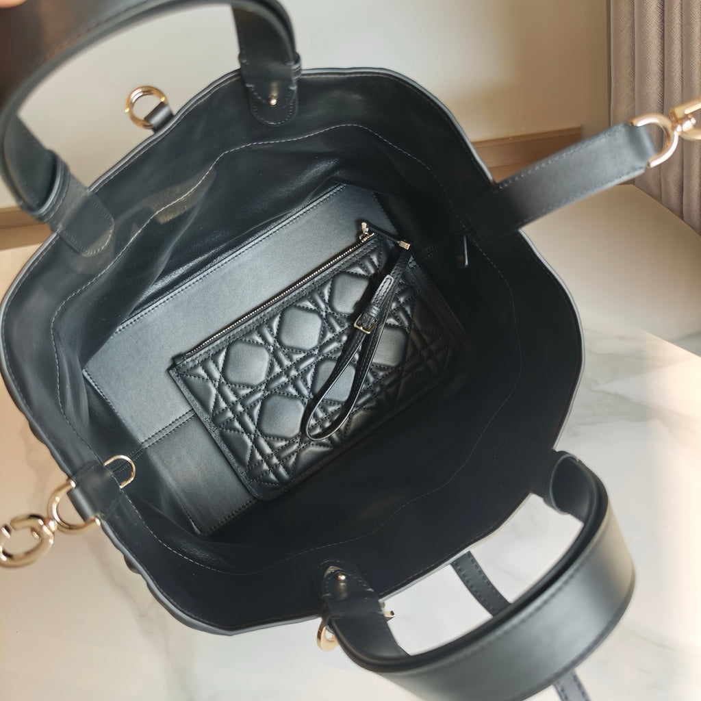Dior bag with open top, interior zip pocket, quilted panel, dark blue