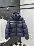 Dark blue puffer jacket with hood, full-zip front and Gucci logo stripe