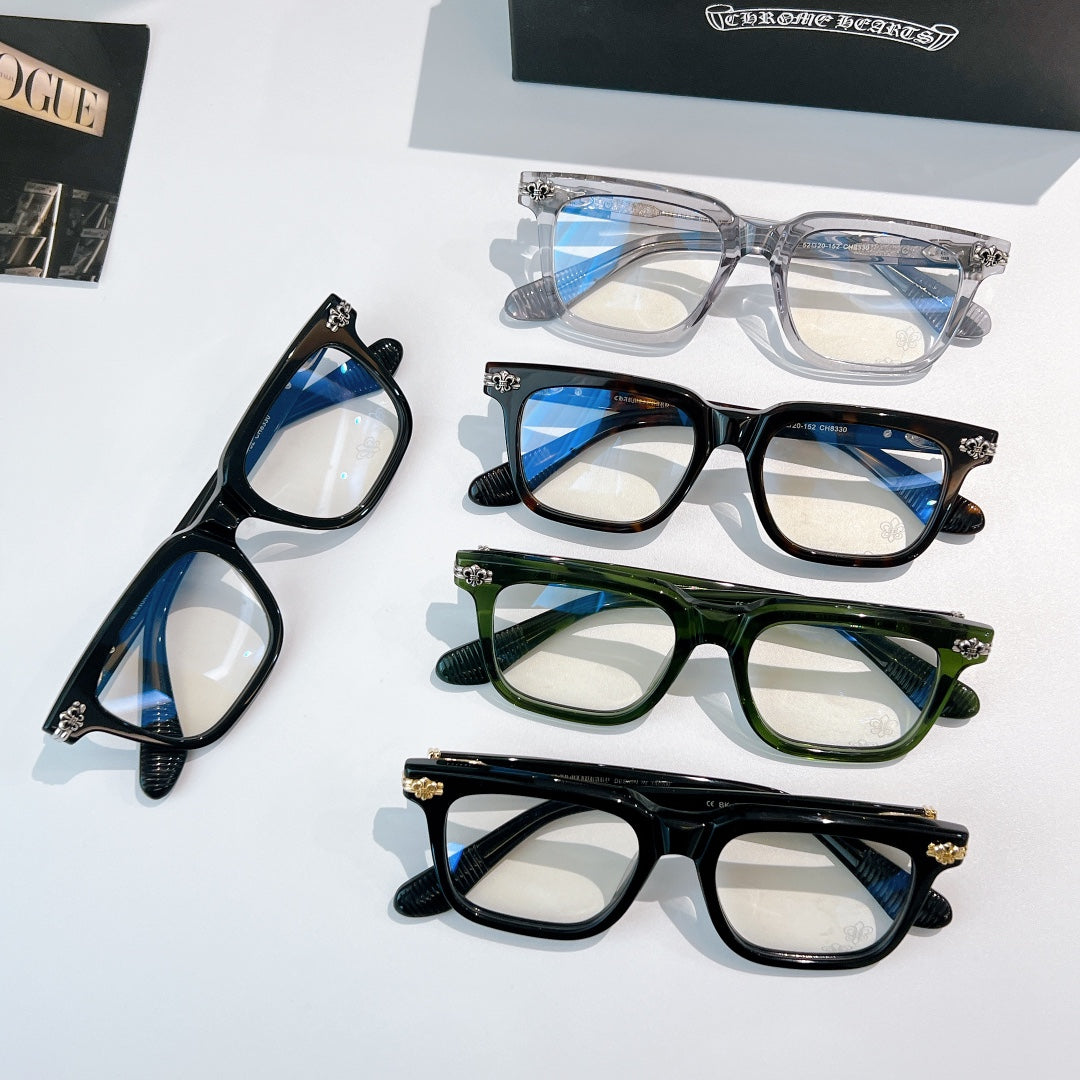 Set of four eyeglasses with mixed frames and decorative hinge bars