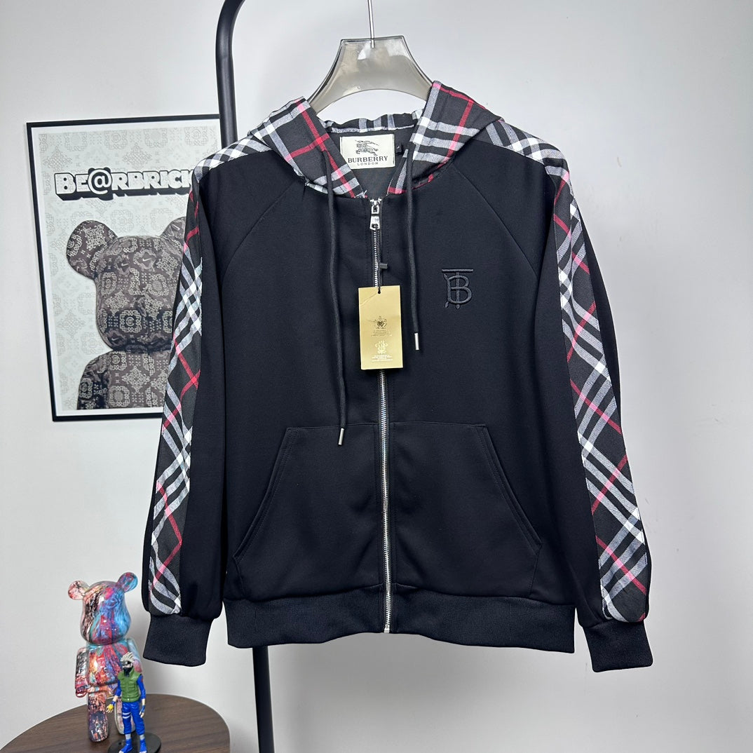 Burberry zip-up hooded jacket in dark navy with plaid hood lining and front pockets
