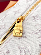Louis Vuitton zip pouch, white textured fabric with gold zipper pull and logo charm