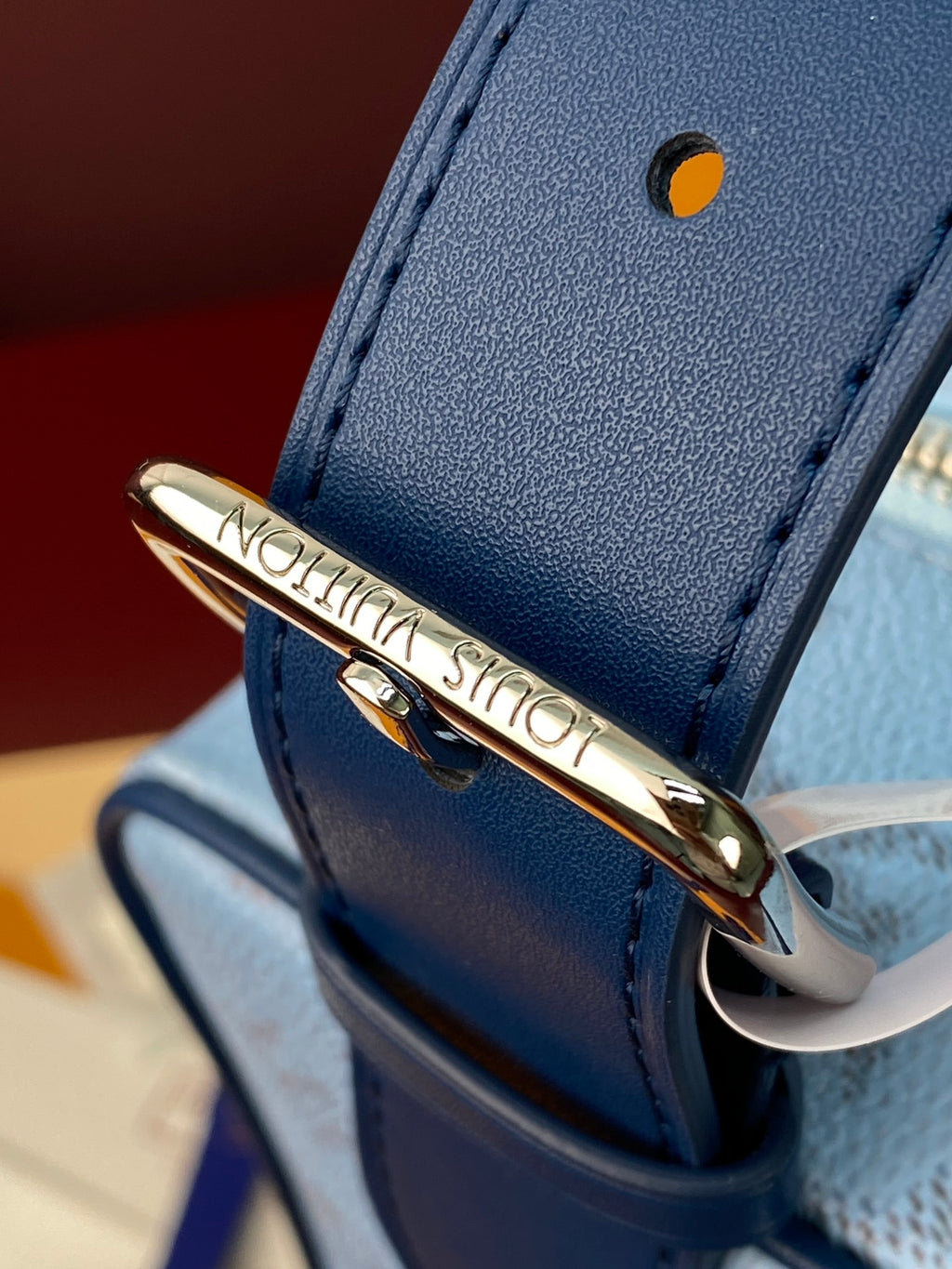 Louis Vuitton light blue monogram bag closeup of gold clasp hardware and strap loop