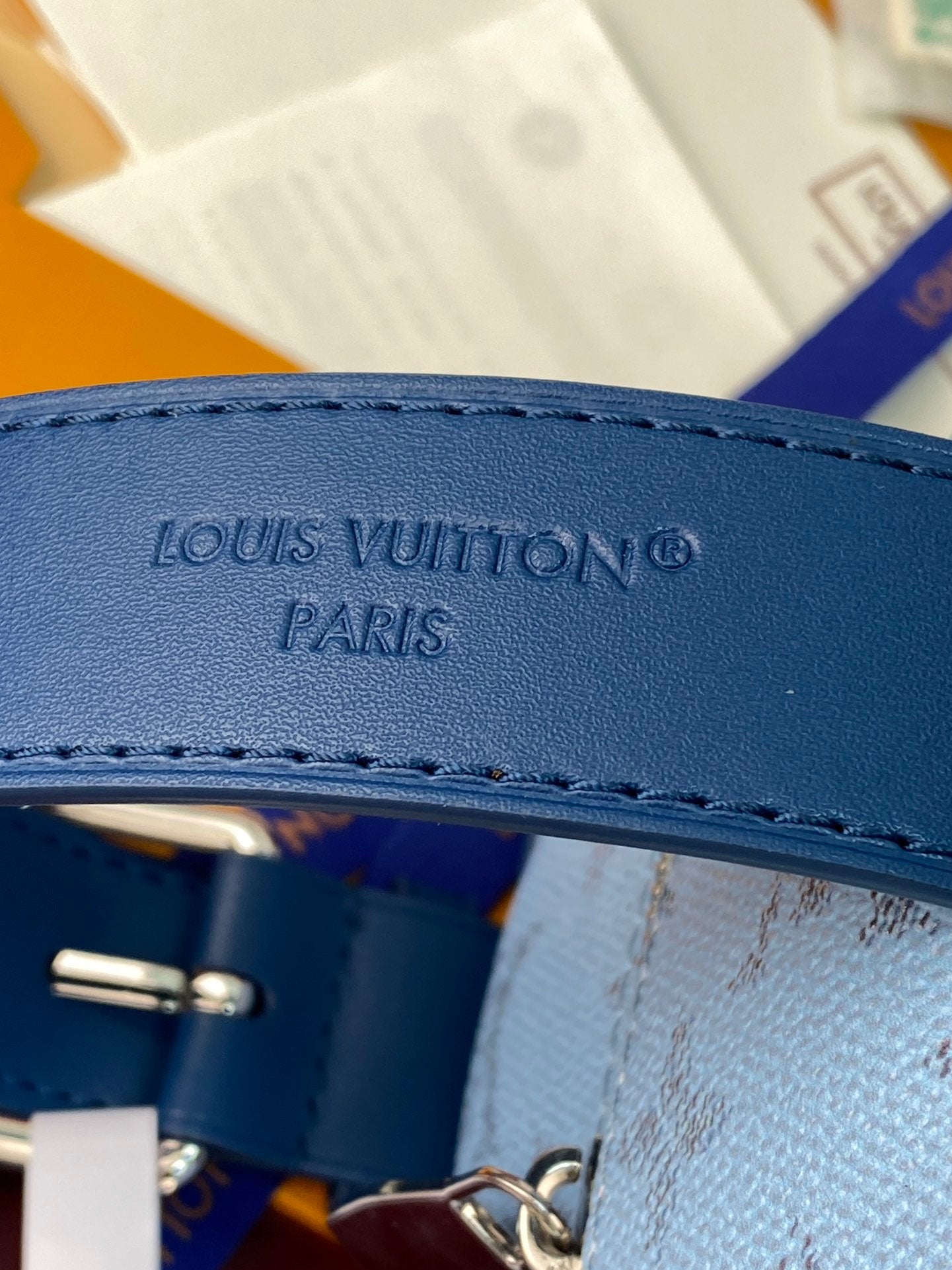 Louis Vuitton bag strap, embossed 'Louis Vuitton Paris', blue leather