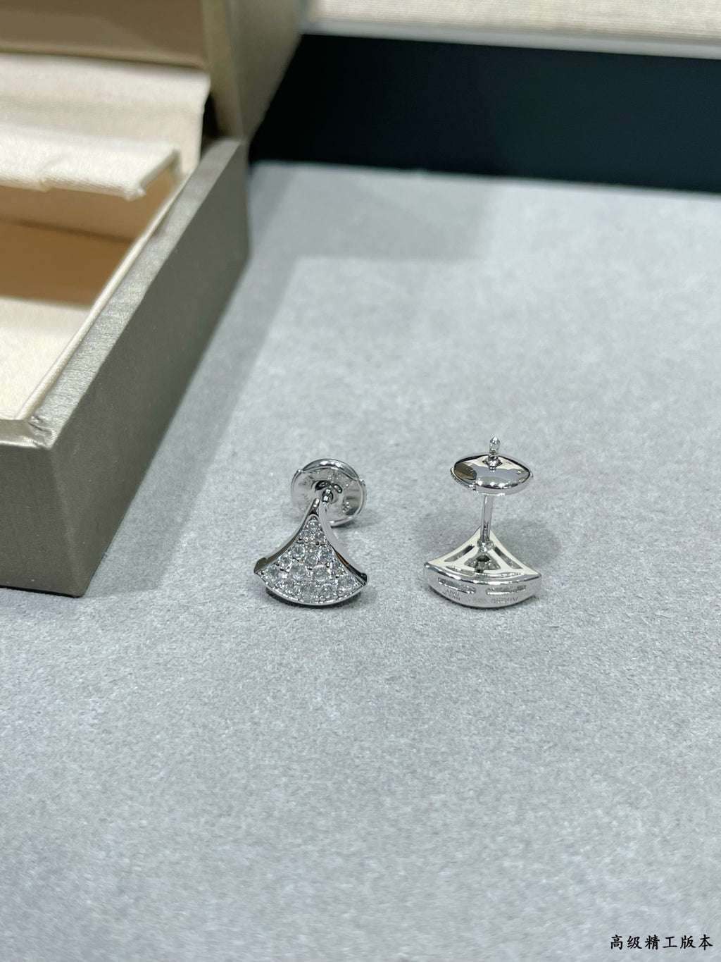 Silver bell stud earrings with pavé face and round top bead