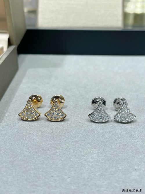 Pavé bell stud earrings with top pearl-like bead, in gold and silver tones