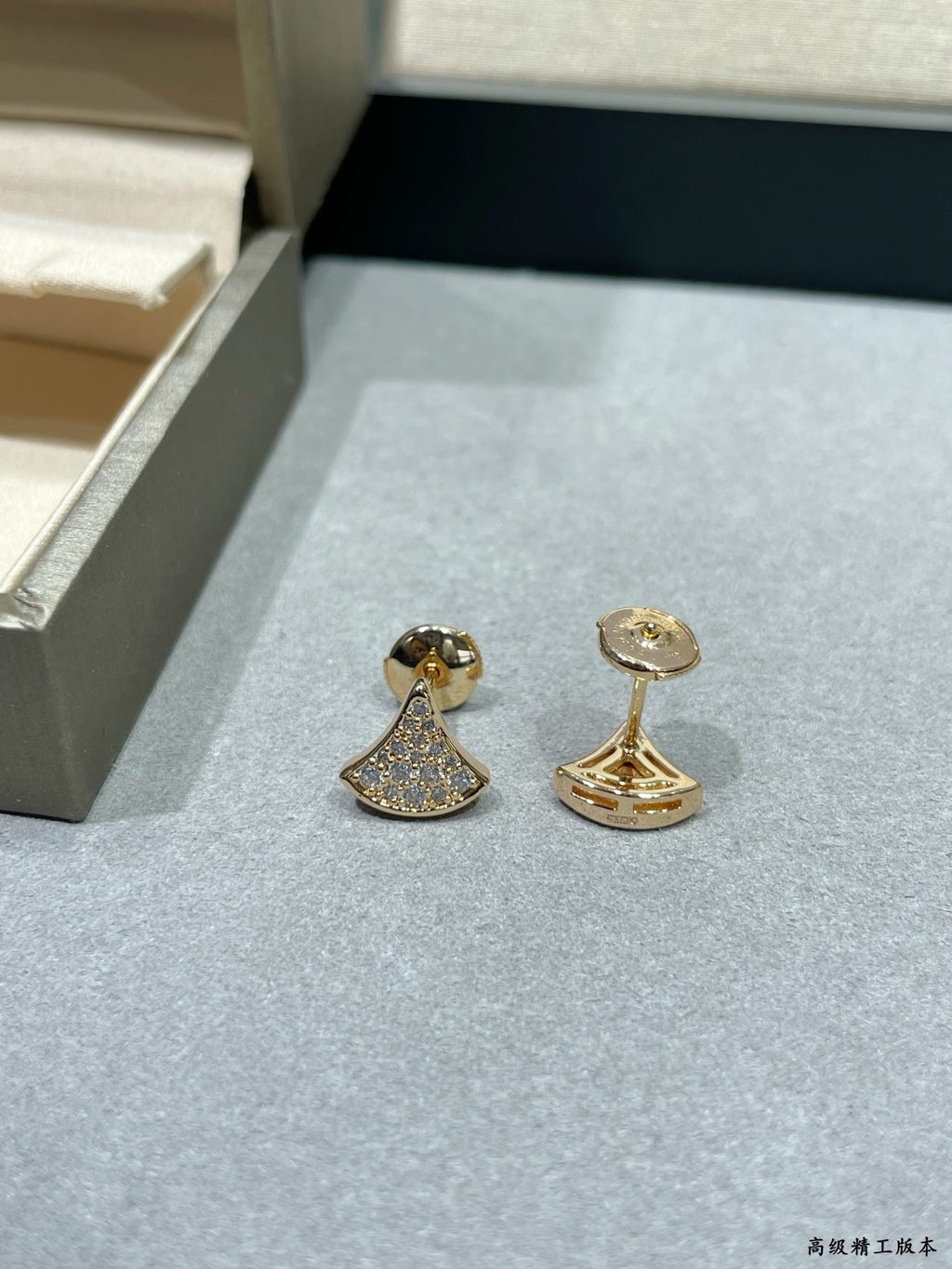 Gold bell stud earrings with pavé face and round top bead