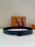 Louis Vuitton checkered leather belt with LV buckle and strap holes.