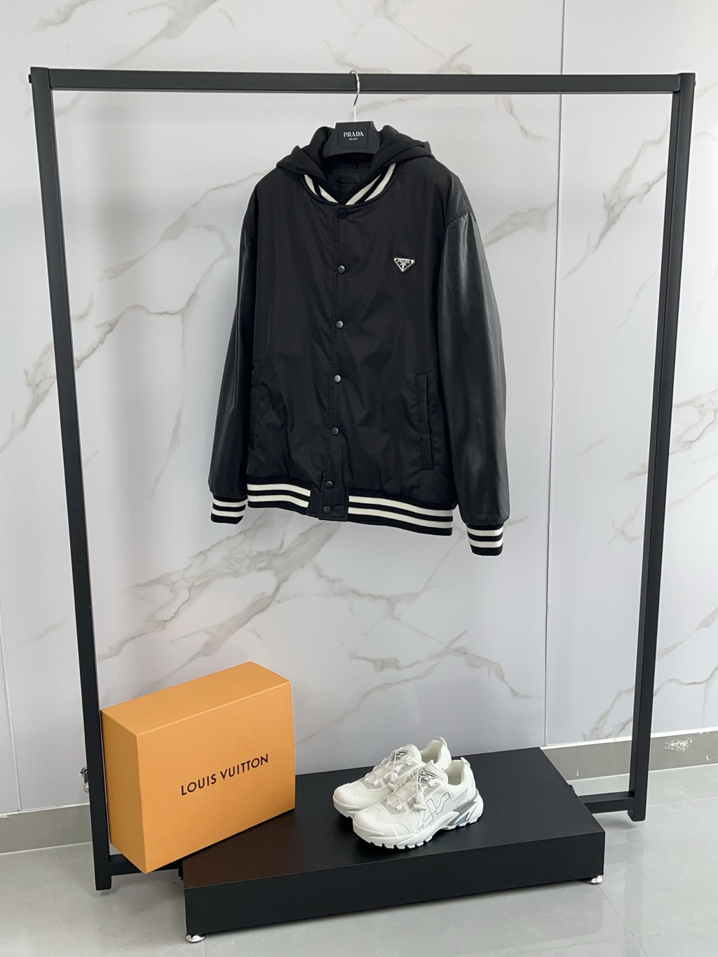 Prada black hooded bomber jacket, snap front and striped ribbed trim