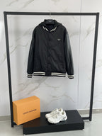 Prada black hooded bomber jacket with striped ribbed cuffs and hem