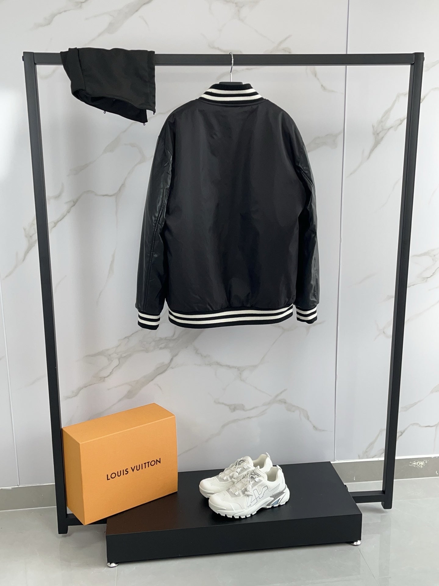Prada black hooded bomber jacket, striped ribbed waistband and back panel