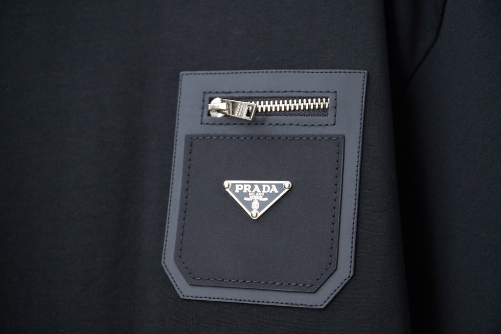 Black Prada T-shirt pocket patch with triangle logo and zipper detail