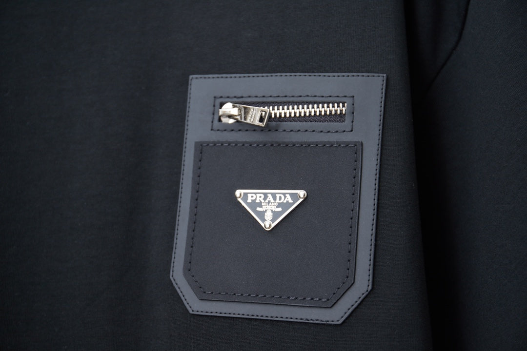 Black Prada T-shirt pocket patch with triangle logo and zipper detail