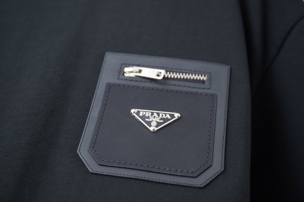 Black Prada T-shirt pocket patch with triangle logo and zip pull
