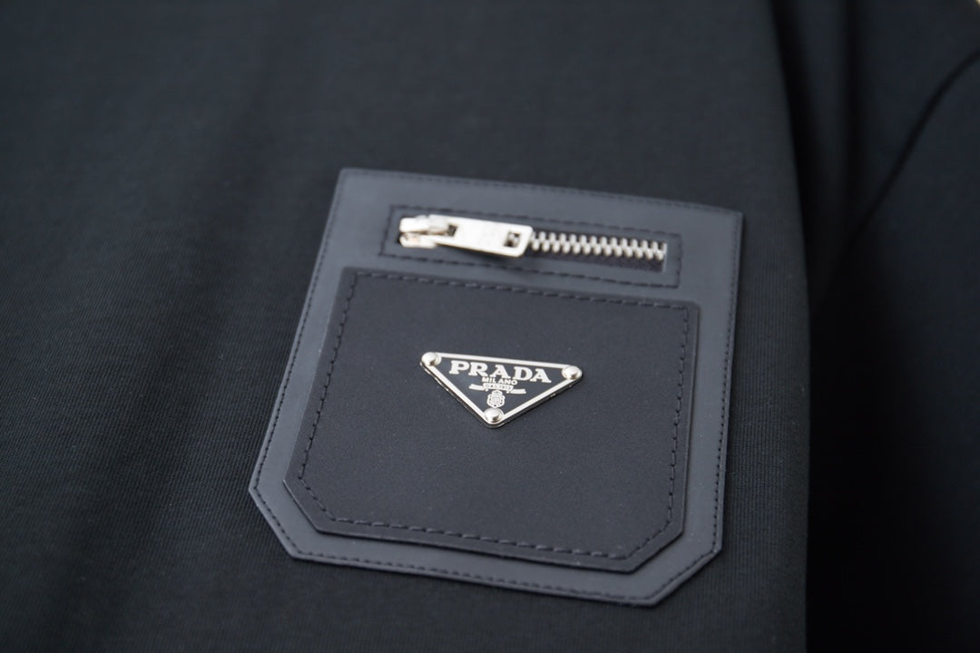Black Prada T-shirt pocket patch with triangle logo and zip pull