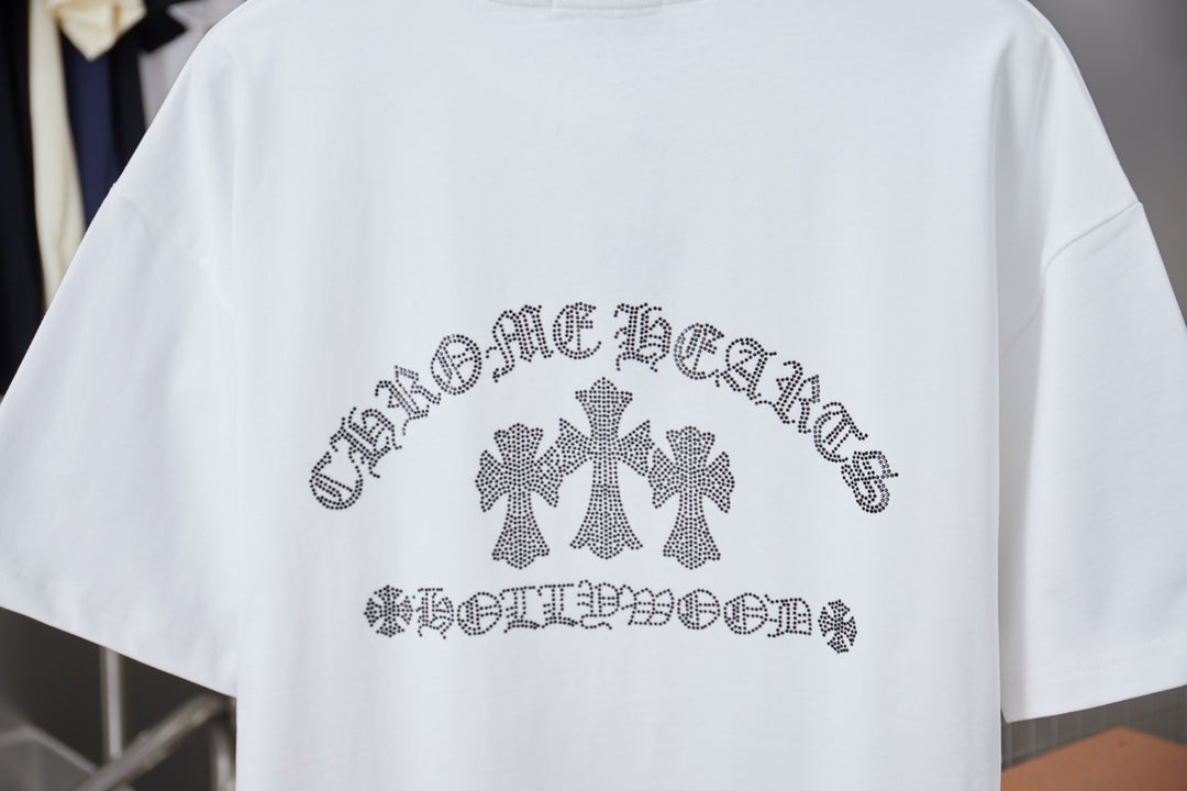 White T-shirt back graphic with rhinestone text and bow