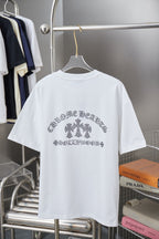 White short-sleeve T-shirt with rhinestone back text and bow graphic