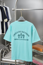 Turquoise short-sleeve T-shirt back with rhinestone-style text and flowers