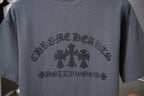 Back of dark gray short-sleeve T-shirt with rhinestone cross-and-text graphic