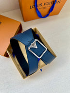 Louis Vuitton belt with blue strap and silver-tone square buckle detail
