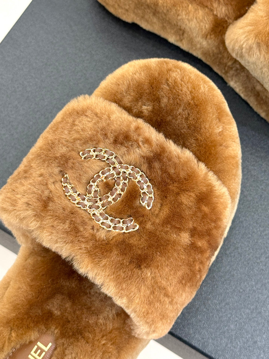 Brown plush slide slipper strap with silver rhinestone Chanel CC logo