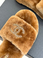 Brown plush slide slipper strap with silver rhinestone Chanel CC logo