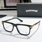 Clear-lens eyeglasses with black frame and gold-accent metal temples