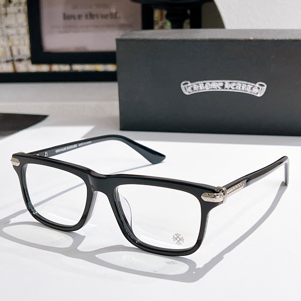 Clear-lens eyeglasses with black frame and silver metal temples