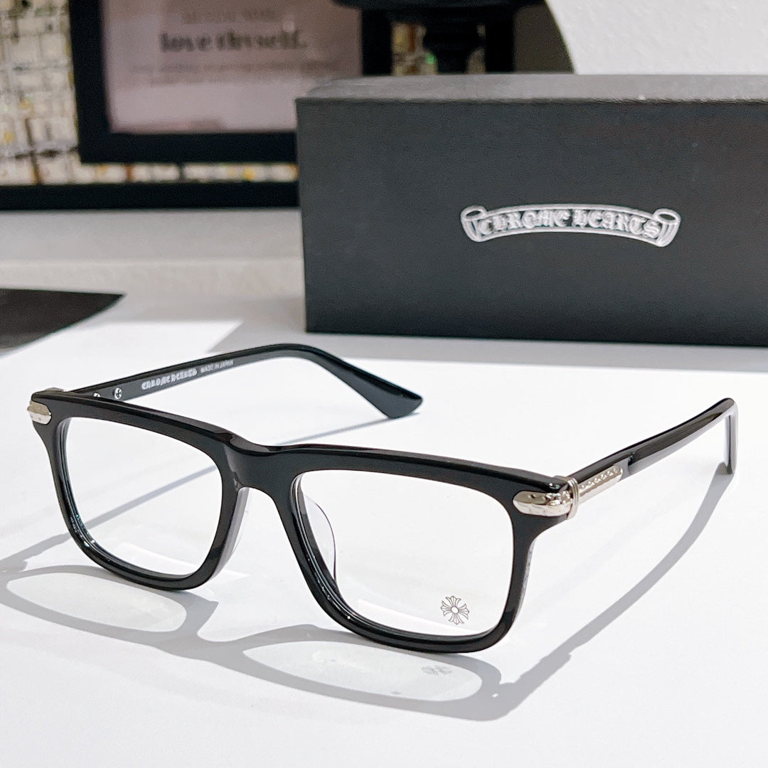 Clear-lens eyeglasses with black frame and silver metal temples