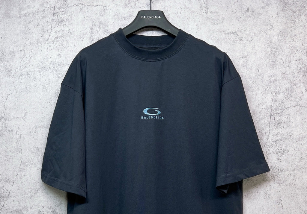 Dark navy short-sleeve T-shirt with crew neck and centered chest logo