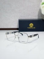 Versace eyeglasses with silver-tone full-rim frame and clear lenses, black temple tips
