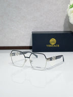 Versace eyeglasses with silver-tone full-rim frame and clear lenses, dark temple tips