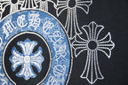 Black T-shirt graphic close-up of blue emblem inside white crystal frame