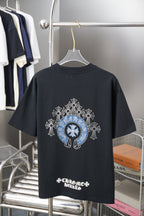Black T-shirt with back graphic of blue emblem and white cross motifs