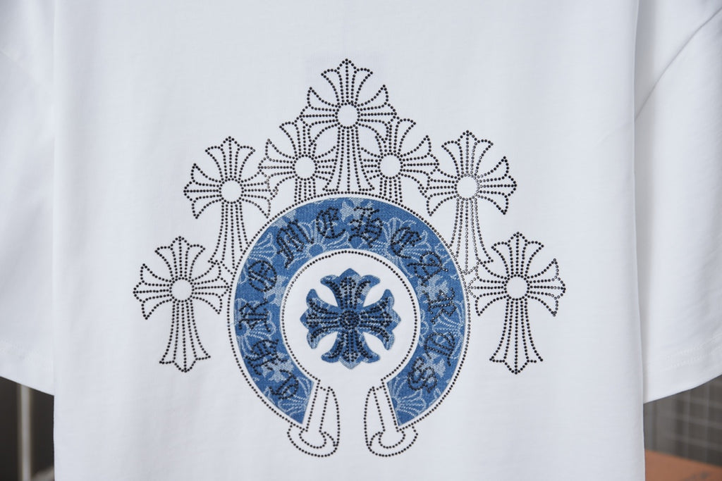 White short-sleeve T-shirt with large blue back emblem and floral outline