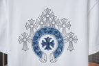 White short-sleeve T-shirt with large blue back emblem and floral outline