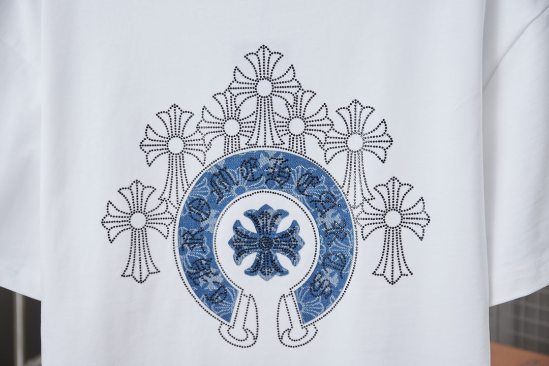 White short-sleeve T-shirt with large blue back emblem and floral outline