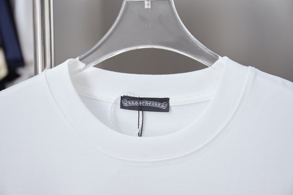 White crew-neck T-shirt collar with interior size label