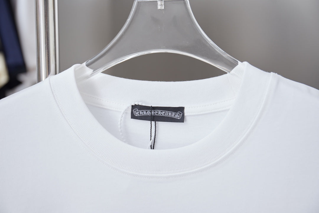 White crew-neck T-shirt collar with interior size label