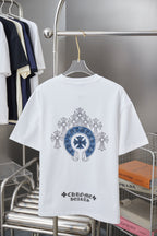 White short-sleeve T-shirt with large blue back emblem and small bottom logo