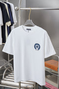 White short-sleeve T-shirt with blue circular front emblem print