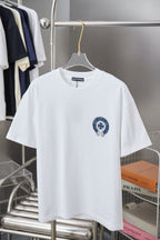 White short-sleeve T-shirt with blue circular front emblem print