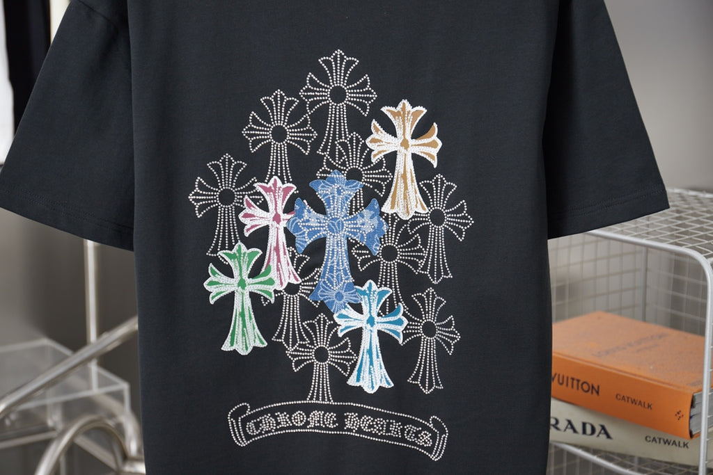 Black T-shirt with multicolor jeweled floral cross bouquet graphic