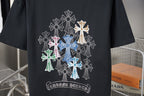 Black T-shirt with multicolor jeweled floral cross bouquet graphic
