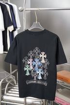 Black graphic T-shirt with multicolor jeweled floral cross design on back