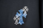 Jeweled blue floral cross graphic on black T-shirt chest