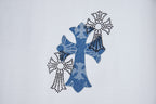 Blue and dark dot-pattern angel cross appliqué embroidery on a white T-shirt