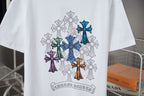 White short-sleeve T-shirt with multicolor cross and flower embroidery on the back